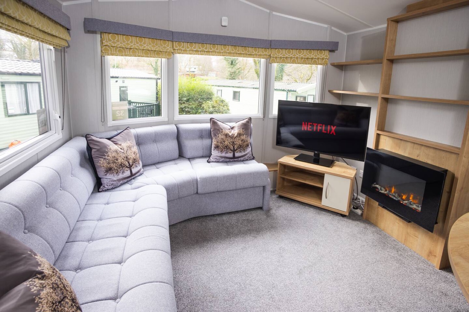 The living area with electric fireplace