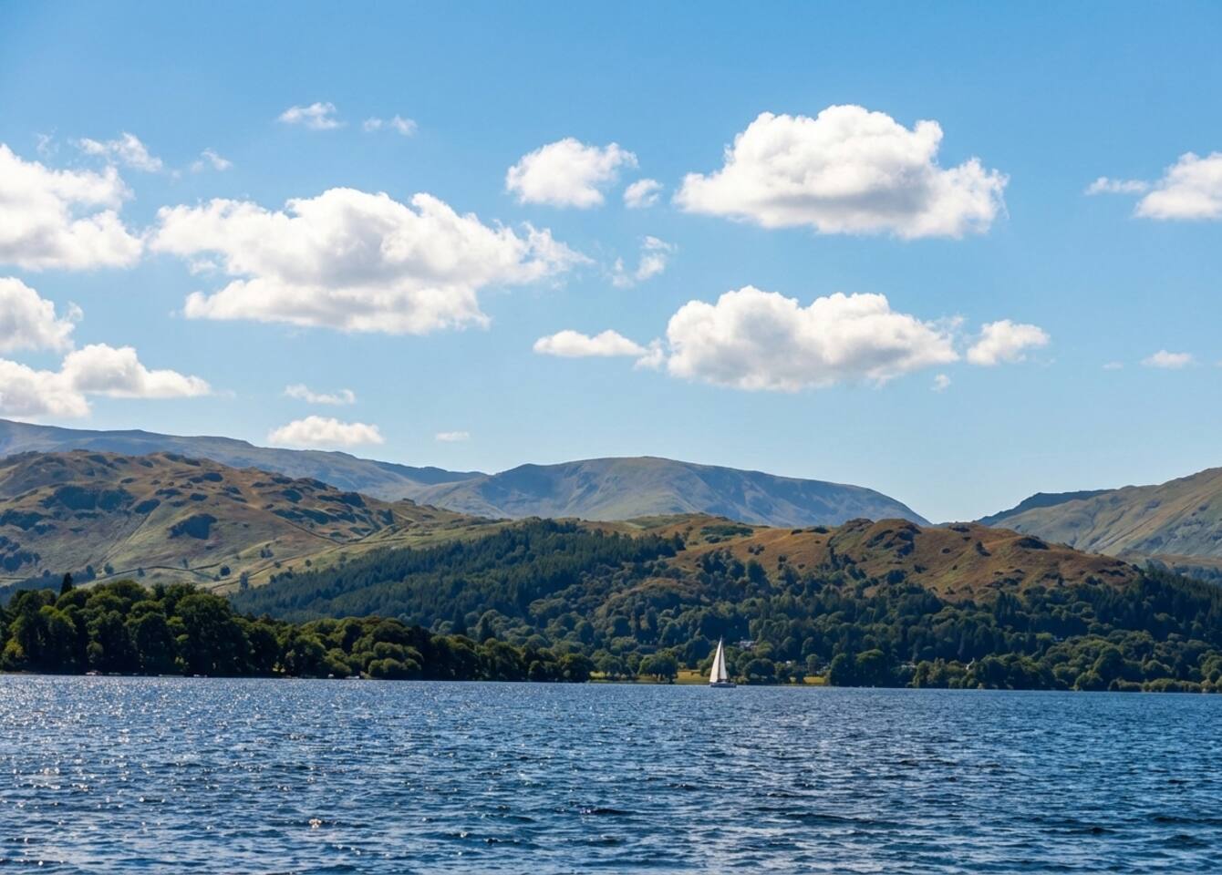 Lake Windermere and the autumn fells under a bright sky